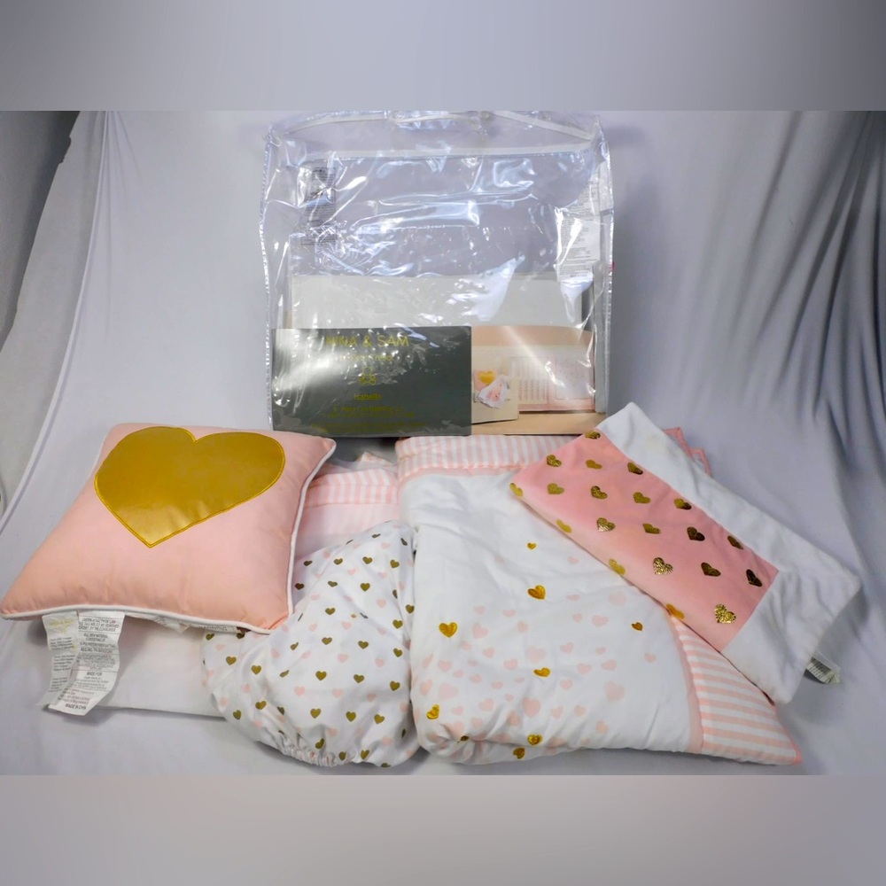 Nina & Sam By Petit Tresor Isabel Baby Crib Bedding Set Pink Gold Hearts White